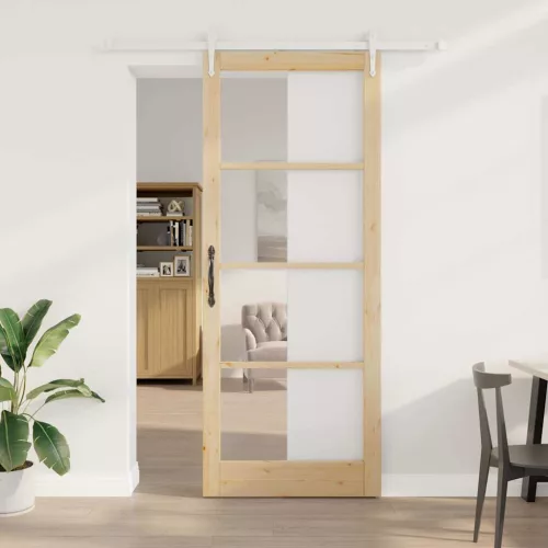 vidaXL Csúszó ajtó Természetes 93 x 232 cm Tömör fenyőfa és üveg