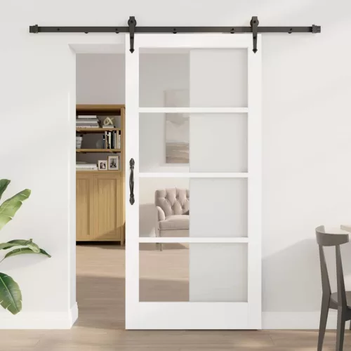 vidaXL Csúszó ajtó Fehér és fekete 93 x 202 cm Tömör fenyőfa és üveg