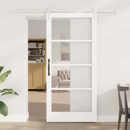 vidaXL Csúszó ajtó Fehér 93 x 202 cm Tömör fenyőfa és üveg