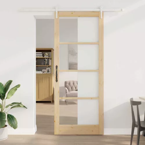 vidaXL Csúszó ajtó Természetes 93 x 232 cm Tömör fenyőfa és üveg
