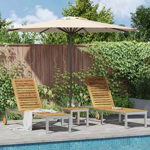 vidaXL Napozóágy 2 db asztallal 2-személy 3 pcs Barna tömör akácfa