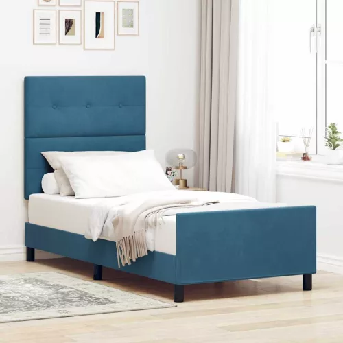 vidaXL Boxrugós ágy fejtámlával Sötét kék 90 x 190 cm Bársony