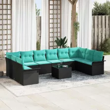   vidaXL Kerti Kanapé Szett párnával 11 pcs Fekete Poli rattan