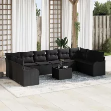   vidaXL Kerti Kanapé Szett párnával 11 pcs Fekete Poli rattan