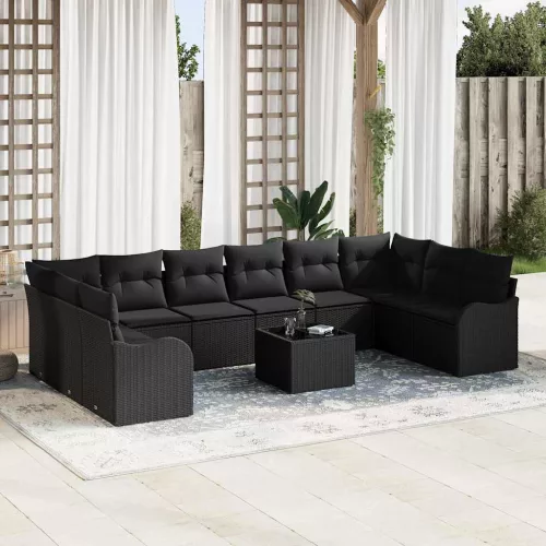 vidaXL Kerti Kanapé Szett párnával 11 pcs Fekete Poli rattan