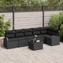   vidaXL Kerti Kanapé Szett párnával 7 pcs Fekete Poli rattan