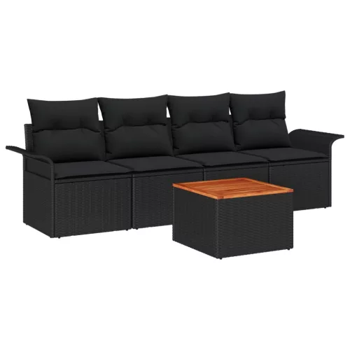 vidaXL 5 Részes Kert Kanapé Szett Párnákkal Fekete Poly Rattan Akácia