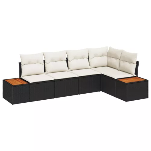 vidaXL 5 harabos kerti kanapészett párnákkal fekete poli rattan akáccal