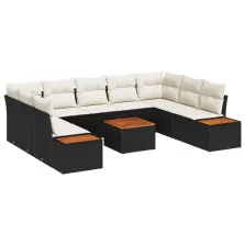   vidaXL 10 Részes Kerti Kanapé Szett Párnákkal Fekete Poli Rattan Akácia