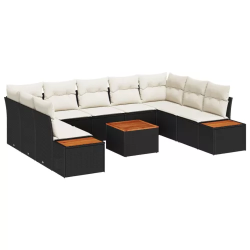 vidaXL 10 Részes Kerti Kanapé Szett Párnákkal Fekete Poli Rattan Akácia