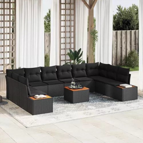 vidaXL Kerti Kanapé Szett párnával 11 pcs Fekete Poli rattan
