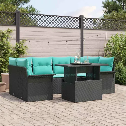 vidaXL Kerti Kanapé Szett párnával 7 pcs Fekete Poli rattan