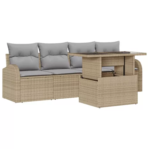 vidaXL 5 részes kerti kanapé szett párnákkal bézs poli rattan