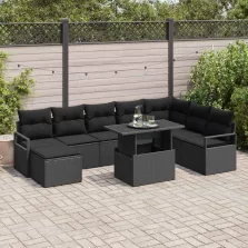   vidaXL Kerti Kanapé Szett 9 pcs Fekete Poli rattan és porbevonatú acél