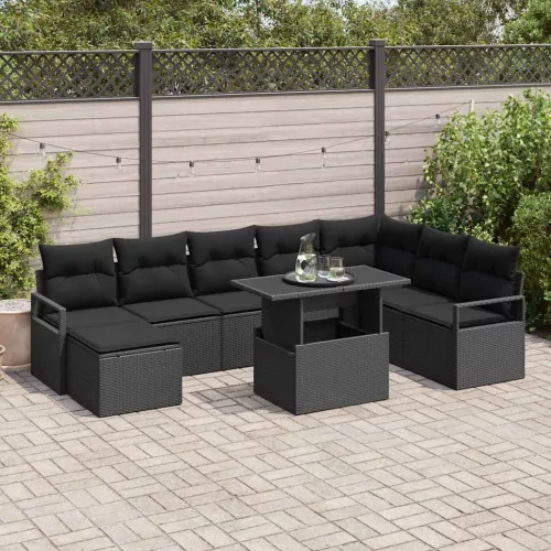 vidaXL Kerti Kanapé Szett 9 pcs Fekete Poli rattan és porbevonatú acél