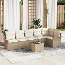   vidaXL Kerti Kanapé Szett párnával tárolóval 7 pcs Bézs Poli rattan