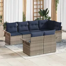   vidaXL Kerti Kanapé Szett párnával tárolóval 7 pcs Szürke Poli rattan