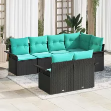   vidaXL Kerti Kanapé Szett párnával tárolóval 7 pcs Fekete Poli rattan