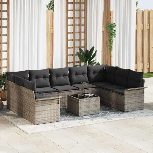 vidaXL Kerti Kanapé Szett párnával tárolóval 10 pcs Fekete Poli rattan