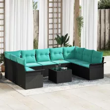   vidaXL Kerti Kanapé Szett párnával tárolóval 10 pcs Fekete Poli rattan