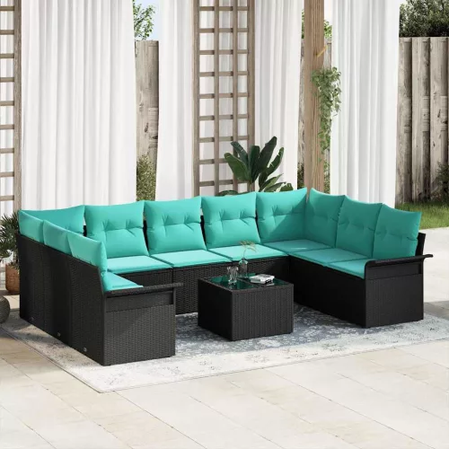 vidaXL Kerti Kanapé Szett párnával tárolóval 10 pcs Fekete Poli rattan