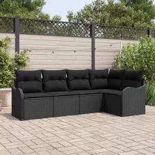   vidaXL Kerti Kanapé Szett párnával tárolóval 5 pcs Fekete Poli rattan