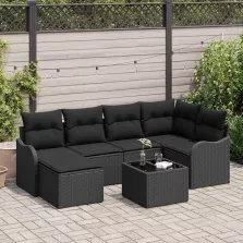   vidaXL Kerti Kanapé Szett párnával 7 pcs Fekete Poli rattan