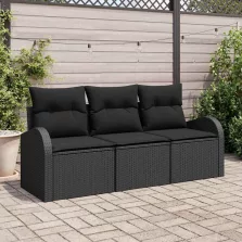   vidaXL Kerti Kanapé Szett párnával 3 pcs Fekete Poli rattan