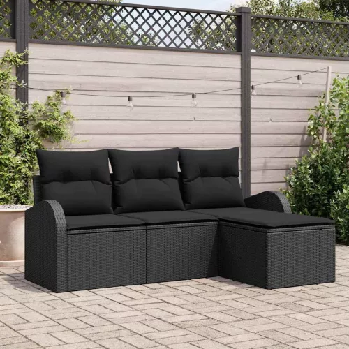 vidaXL Kerti Kanapé Szett párnával 4 pcs Fekete Poli rattan