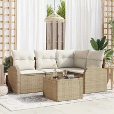   vidaXL Kerti Kanapé Szett párnával 5 pcs Bézs és fehér Poli rattan