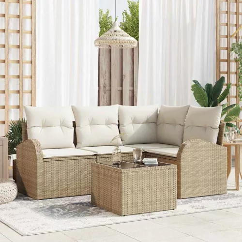 vidaXL Kerti Kanapé Szett párnával 5 pcs Bézs és fehér Poli rattan