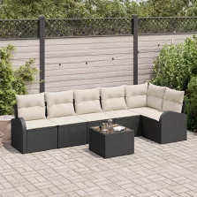   vidaXL Kerti Kanapé Szett párnával 7 pcs Fekete és fehér Poli rattan