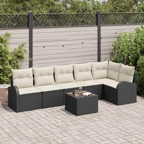 vidaXL Kerti Kanapé Szett párnával 7 pcs Fekete és fehér Poli rattan