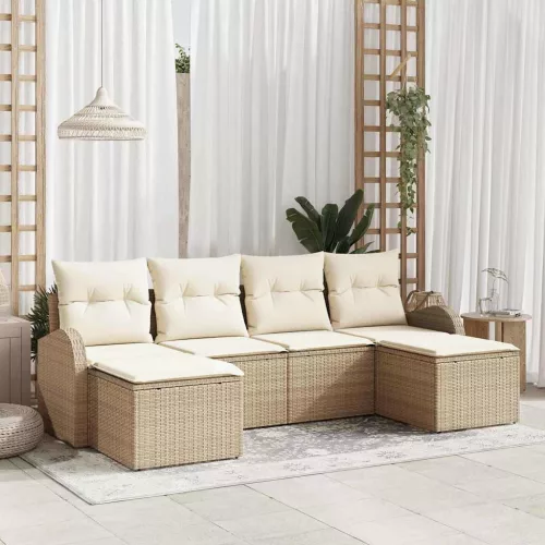 vidaXL Kerti Kanapé Szett párnával 6 pcs Bézs és fehér Poli rattan