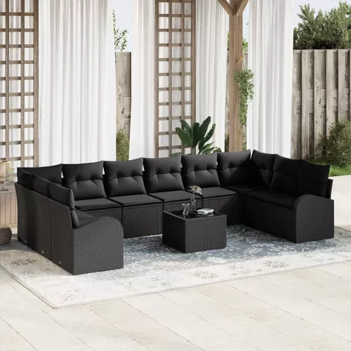 vidaXL Kerti Kanapé Szett 11 pcs Fekete Poli rattan, porfestett acél
