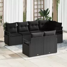   vidaXL Kerti Kanapé Szett 7 pcs Fekete Poli rattan és porfestett acél