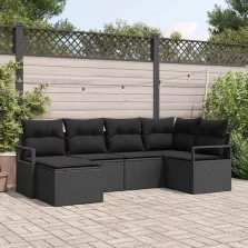   vidaXL Kerti Kanapé Szett 6 pcs Fekete Poli rattan és porfestett acél