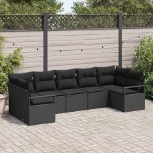   vidaXL Kerti Kanapé Szett 7 pcs Fekete Poli rattan, porfestett acél