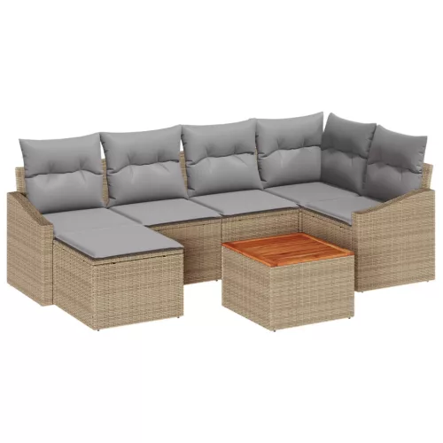 vidaXL 7 darabos kerti kanapé szett párnákkal Bézs Poli Rattan Akácia