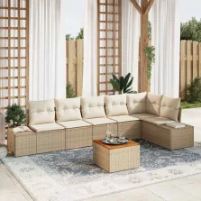   vidaXL Kerti Kanapé Szett 7 pcs Beige és fehér Rattan, poliészter, hab