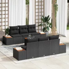   vidaXL Kerti Kanapé Szett párnával tárolóval 7 pcs Fekete Poli rattan