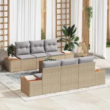   vidaXL Kerti Kanapé Szett párnával tárolóval 7 pcs Bézs Poli rattan
