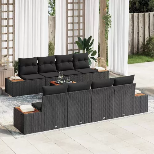 vidaXL Kerti Kanapé Szett párnával tárolóval 9 pcs Fekete Poli rattan