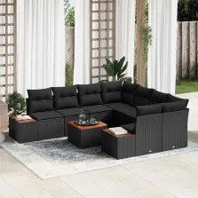   vidaXL Kerti Kanapé Szett párnával tárolóval 9 pcs Fekete Poli rattan