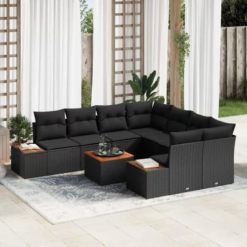vidaXL Kerti Kanapé Szett párnával tárolóval 9 pcs Fekete Poli rattan
