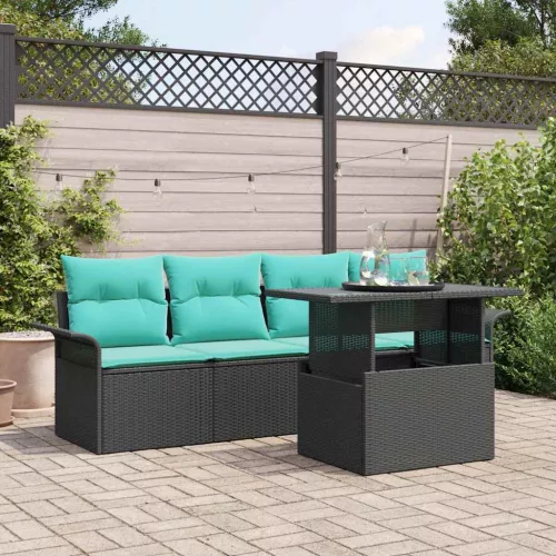 vidaXL Kerti Kanapé Szett párnával tárolóval 5 pcs Fekete Poli rattan