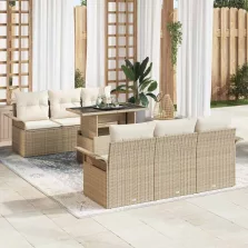   vidaXL Kerti Kanapé Szett párnával tárolóval 7 pcs Bézs Poli rattan