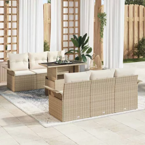vidaXL Kerti Kanapé Szett párnával tárolóval 7 pcs Bézs Poli rattan