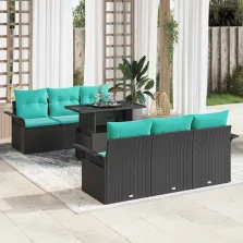   vidaXL Kerti Kanapé Szett párnával tárolóval 7 pcs Fekete Poli rattan