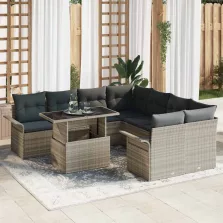   vidaXL Kerti Kanapé Szett párnával 9 pcs Világosszürke Poli rattan